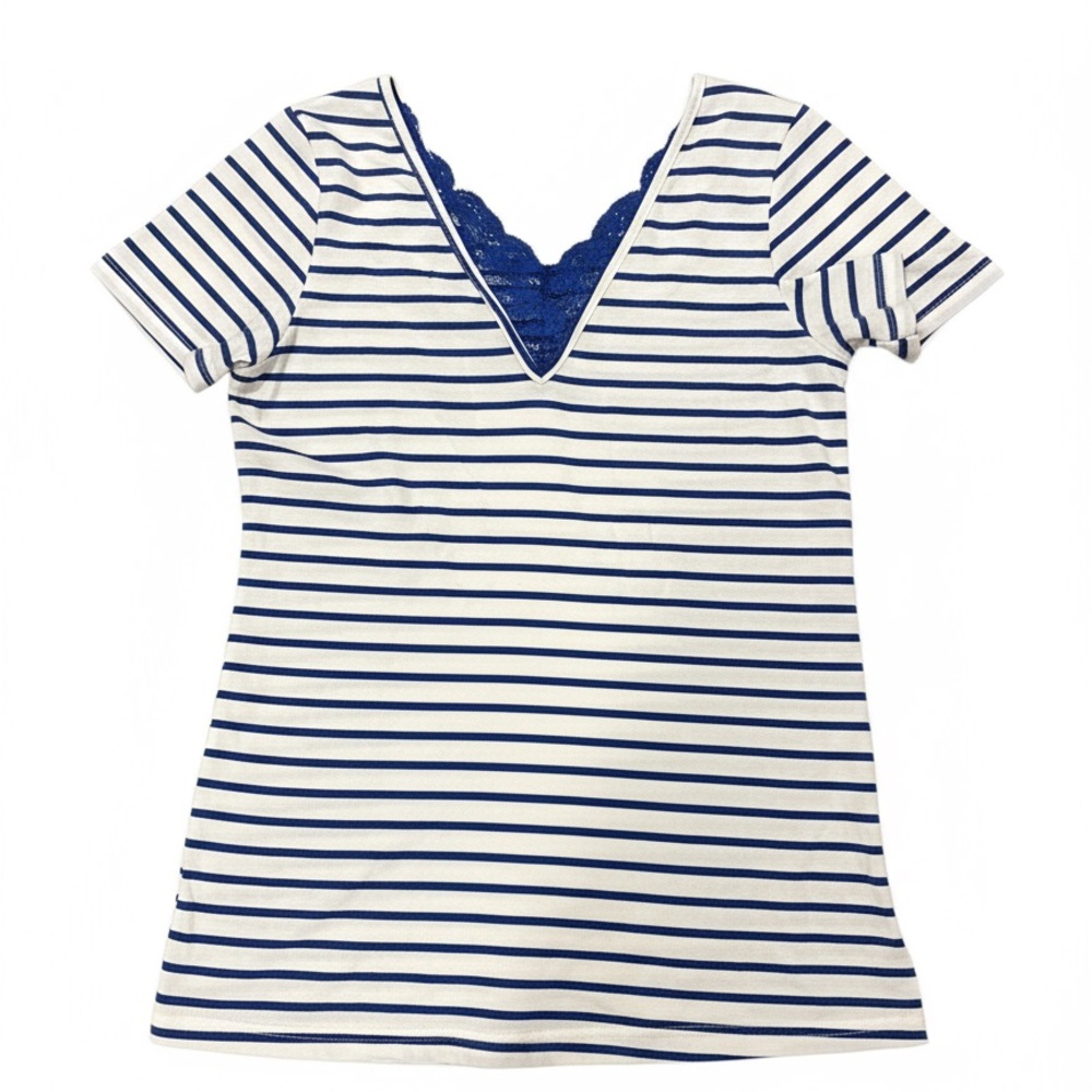 And The Why women’s size medium blue and white strip tee with blue lace trim